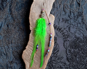 Bright apple green feather solo earring, long light single earring, solitary hippie mono earring