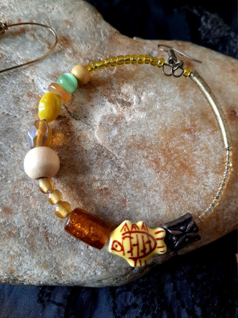 gipsy yellow and green pompom ethnic curls caravan Creole and long buckle gypsy light curls Mismatched earrings