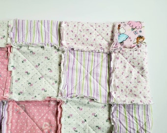 Pink and Purple Remnants Baby Rag Quilt - Fairy Princess, Floral, Stripes