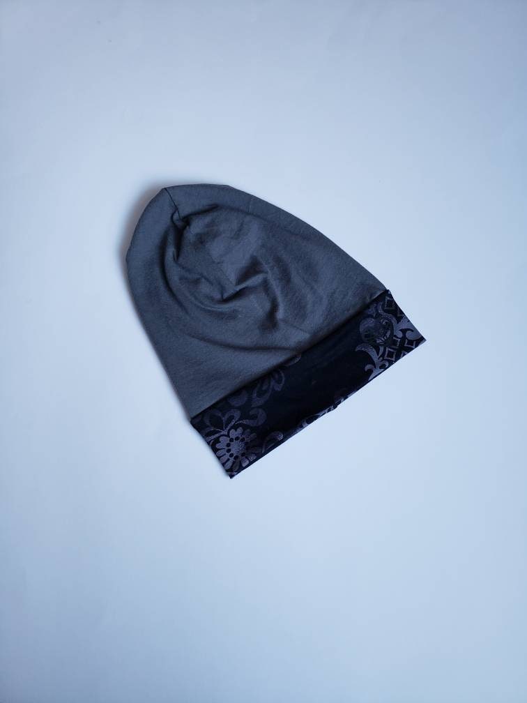 Baby Slouchy Beanie Hat Solid Grey With Black Damask Band 