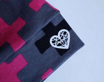 Baby Slouchy Beanie Hat - Grey, Pink and Black Cross Pattern with White Logo