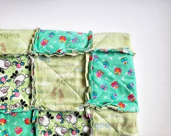 Green Baby Quilt, Sheep Baby Quilt, Baby Rag Quilt, Handmade Baby Quilt, Green Blue Quilt, Baby Shower Gift, Baby Girl Gift, Owl Quilt