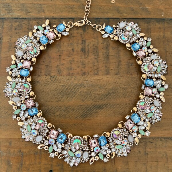 Eye catching multicoloured rhinestones INDIA bib style statement necklace