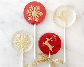 Christmas Lollipops, Christmas Gift, Hard Candy Lollipops, Reindeer Lollipops - Snowflake Lollipops -Red  Gold-6/Set