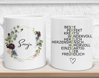 6 Varianten | Tasse personalisiert Geschenk Trauzeugin | Hochzeit Frage Kreuzworträtsel | Geschenkidee Wedding Geschenk | Name Blumen