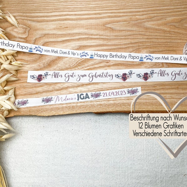 Geschenkband mit Wunschtext + über 50 Grafiken Auswahl | Meterware personalisiert | Hochzeit Geburtstag Weihnachten Valentinstag Blumen Herz