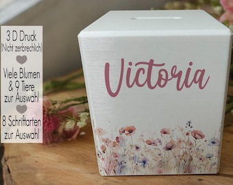 Personalized children's money box with name, baby gift, christening gift, birthday gift, gift for boys and girls, animals, flower 3D print