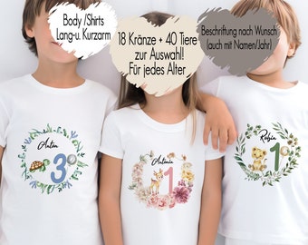 18 Kränze 40 Tiere | Geburtstagsshirt erster zweiter dritter Geburtstag | T-Shirt Kindershirt Langarmshirt personalisiert Namen Bügelbild