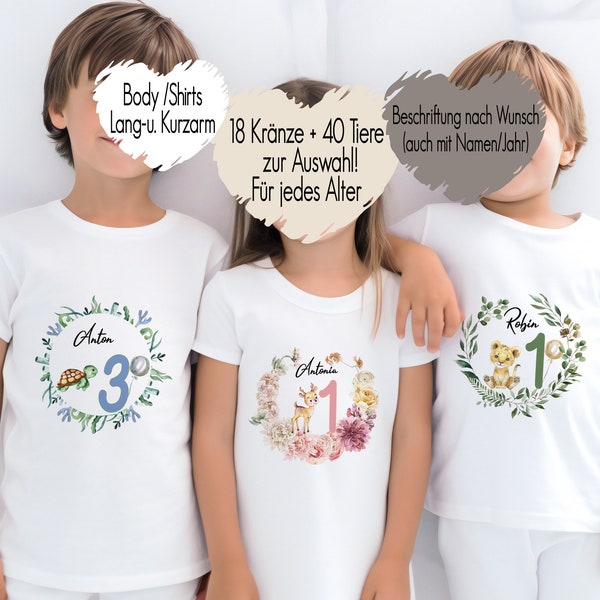 18 Kränze 40 Tiere | Geburtstagsshirt erster zweiter dritter Geburtstag | T-Shirt Kindershirt Langarmshirt personalisiert Namen Bügelbild