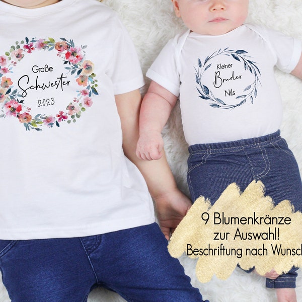 T-Shirt großer Bruder kleine Schwester mit Blumenkranz | Baby Body Bügelmotiv Geschwister Outfit |  Kindershirt personalisiert mit Namen