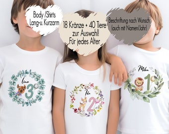 18 Kränze 40 Tiere | Geburtstagsshirt jedes Alter 1-15 | T-Shirt erster Geburtstag Kindershirt Langarmshirt personalisiert Namen Bügelbild