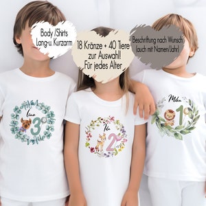 18 Kränze 40 Tiere Geburtstagsshirt jedes Alter 1-15 T-Shirt erster Geburtstag Kindershirt Langarmshirt personalisiert Namen Bügelbild Bild 1