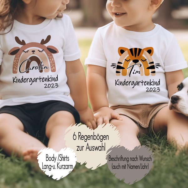 T-Shirt Baby Body Bügelbild Kindergartenkind 2024 personalisiert mit Name und Tier Regenbogen | Kitakind Geschenk Mädchen Junge Krippenkind