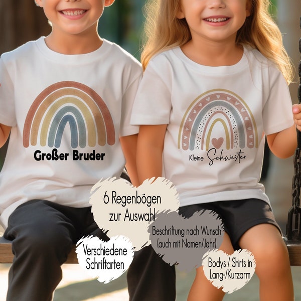 T-Shirt großer Bruder kleine Schwester mit Regenbogen Boho | Baby Body Bügelmotiv Geschwister Outfit |  Kindershirt personalisiert mit Namen