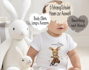 Mein erstes Ostern 2024 T-Shirt Baby Body Bügelbild | Osteroutfit personalisiert Name Wunschtext | Osterhase Häschen Geschenk Junge Fahrzeug