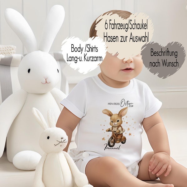 Mein erstes Ostern 2024 T-Shirt Baby Body Bügelbild | Osteroutfit personalisiert Name Wunschtext | Osterhase Häschen Geschenk Junge Fahrzeug