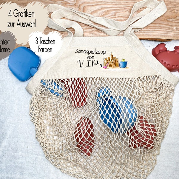 4 Designs | Netztasche für Sandspielzeug Sandspielsachen | Strandtasche Sand Strand Spielplatz | mit Namen | Buddeltasche personalisiert