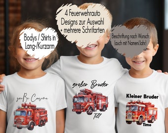 T-Shirt großer Bruder oder Wunschtext mit Feuerwehrauto und Name personalisiert | Baby Body Bügelbild kleiner Bruder | Geschwister Outfit
