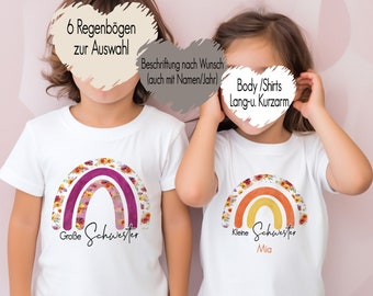 6 Regenbogen T-Shirt Baby Body Bügelmotiv Geschwister Outfit | kleine Schwester große Schwester Kindershirt personalisiert mit Namen Blumen