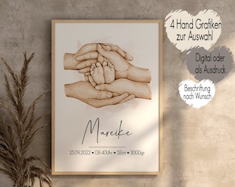 Birth poster personalized with birth dates | Baby gift personalized birth gift | Poster children's room baptism gift hands boho
