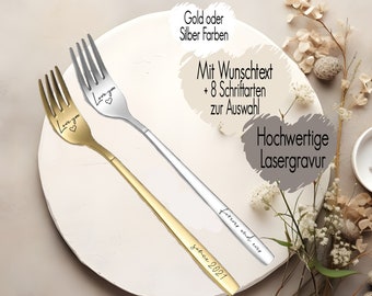 Kuchengabel personalisiert Love you | Tafelgabel Gold Silber Farben mit Gravur |Geschenk für Ihn Sie Hochzeit Geburtstag Jahrestag Brautpaar