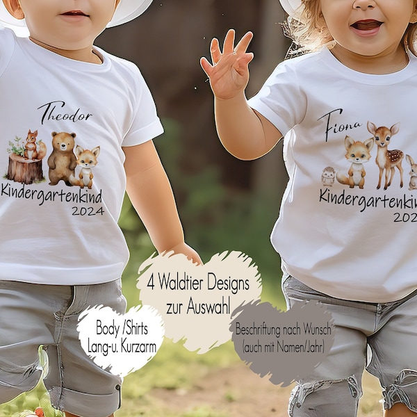 T-Shirt Kindergartenkind 2024 mit Waldtieren | Baby Body Bügelbild personalisiert mit Name Wunschtext | Geschenk Mädchen Junge Krippenkind