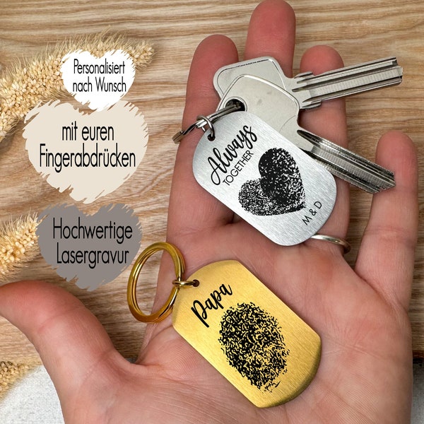 Schlüsselanhänger mit deinem Fingerabdruck oder als Herz Form | Anhänger mit Namen Datum | Gravur auf Edelstahl | Wunschtext Paare Love