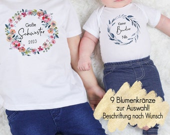 T-Shirt großer Bruder kleine Schwester mit Blumenkranz | Baby Body Bügelmotiv Geschwister Outfit |  Kindershirt personalisiert mit Namen