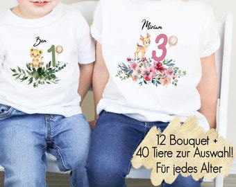 12 Bouquets 40 Tiere | Geburtstagsshirt jedes Alter 1-18 | T-Shirt erster Geburtstag Kindershirt Langarmshirt personalisiert Namen Bügelbild