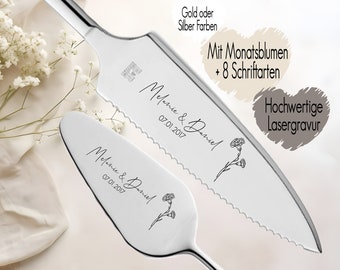 Tortenheber inkl. Tortenmesser im Set personalisiert | Gravur Wunschtext | Geschenk zur Hochzeit | Jahrestag | Monatsblumen Gold o. Silber