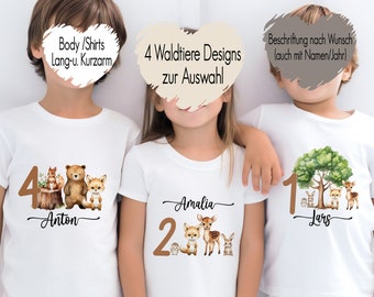 Geburtstagsshirt Waldtiere | mit Name und Alter personalisiert | erster zweiter Geburtstag jedes Alter 1-17 | T-Shirt Body Bügelbild