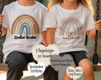 T-Shirt großer Bruder kleine Schwester mit Regenbogen Boho | Baby Body Bügelmotiv Geschwister Outfit |  Kindershirt personalisiert mit Namen