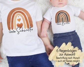 6 Regenbogen T-Shirt Babybody Bügelmotiv Geschwister Outfit | großer Bruder kleine Schwester | Kindershirt personalisiert Name Boho Geschenk
