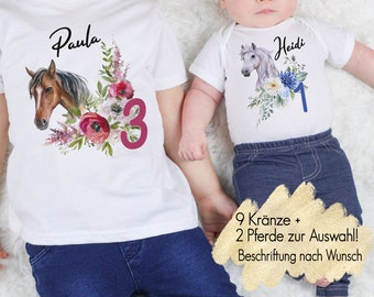 9 Blumen 2 Pferde | Geburtstagsshirt jedes AlterT-Shirt Body erster Geburtstag | Mädchen Kindershirt Langarmshirt personalisiert Bügelbild