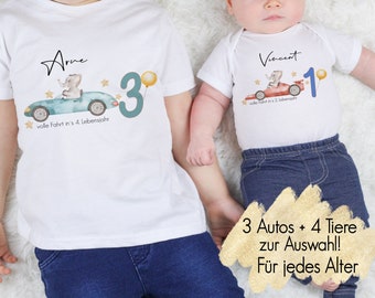 3 Autos 4 Tiere | Geburtstagsshirt T-Shirt Body erster zweiter Geburtstag Birthday | Kindershirt Langarmshirt personalisiert Bügelmotiv