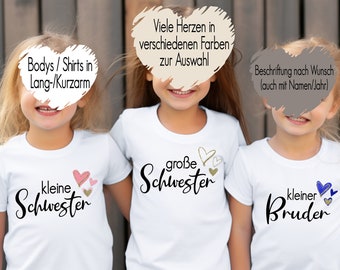 Weißes T-Shirt große Schwester mit Herzen | Baby Body kleiner Bruder | Bügelmotiv Geschwister Outfit |  Kindershirt personalisiert mit Namen