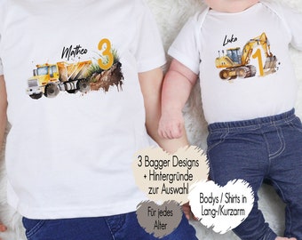 Bagger Baustellenfahrzeuge Geburtstagsshirt | Shirt Body Bügelbild | 1 2 3 4 Geburtstag |  personalisiert mit Name & Alter Geburtstagsoutfit