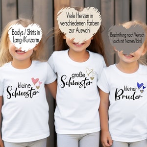 Weißes T-Shirt große Schwester mit Herzen Baby Body kleiner Bruder Bügelmotiv Geschwister Outfit Kindershirt personalisiert mit Namen Bild 1