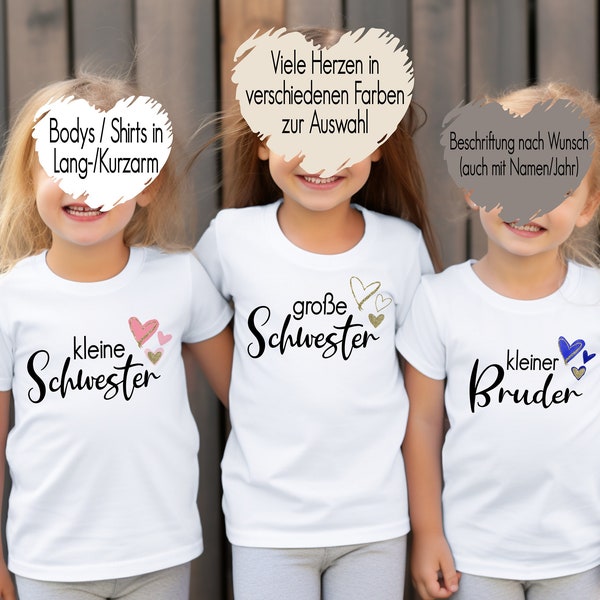Weißes T-Shirt große Schwester mit Herzen | Baby Body kleiner Bruder | Bügelmotiv Geschwister Outfit |  Kindershirt personalisiert mit Namen