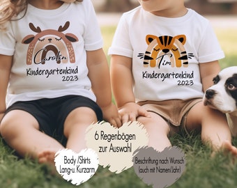 T-Shirt Baby Body Bügelbild Kindergartenkind 2024 personalisiert mit Name und Tier Regenbogen | Kitakind Geschenk Mädchen Junge Krippenkind