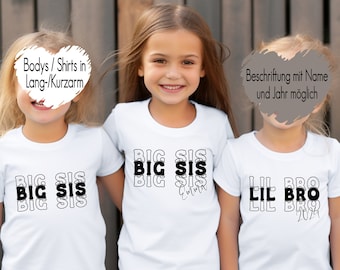 Weißes T-Shirt große Schwester | Baby Body kleiner Bruder | Bügelmotiv Geschwister Outfit |  Kindershirt personalisiert mit Namen Jahr