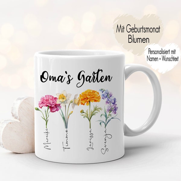 Tasse Omas Garten Geburtsmonat Blumen mit Namen personalisiert | Kinder Enkel Namenstasse Kaffee Geschenk minimalistisch Muttertagsgeschenk