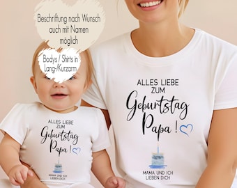 Happy Birthday Papa | Papa Geburtstag Geschenk | T-Shirt Baby Body Langarmshirt Bügelbild | Torte Blau Herz Watercolor | Geschenk Eltern