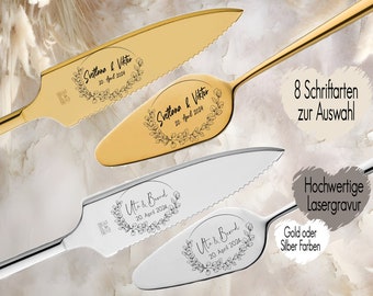Personalized cake server including cake knife in a set Engraving of desired text | Wedding gift | anniversary | Eucalyptus gold or silver