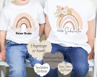 6 Regenbogen T-Shirt Babybody Bügelmotiv Geschwister Outfit |  kleine Schwester großer Bruder | Kindershirt personalisiert Name Boho Pampas