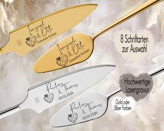 Cake server or cake knife set personalized | Engraved with your desired text | Wedding gift | Anniversary | Name rings | Gold or silver