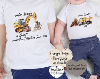 T-Shirt großer Bruder 2024 | Baby Body kleiner Bruder Bagger Splash | Bügelbild Geschwister Outfit |  Kindershirt personalisiert mit Namen