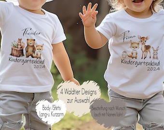 T-Shirt Kindergartenkind 2024 mit Waldtieren | Baby Body Bügelbild personalisiert mit Name Wunschtext | Geschenk Mädchen Junge Krippenkind