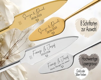 Tortenheber inkl. Tortenmesser im Set personalisiert | Gravur Wunschtext | Geschenk zur Hochzeit | Jahrestag | Namen mit Herz Gold o. Silber