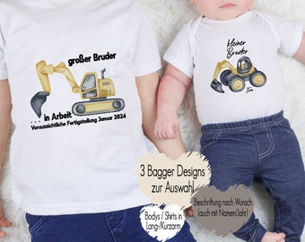 T-Shirt großer Bruder 2024 | Baby Body kleiner Bruder mit Bagger | Bügelbild Geschwister Outfit |  Kindershirt personalisiert mit Namen